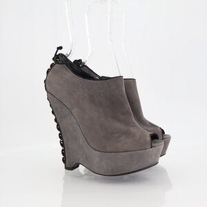 Saint Laurent Madge Suede Wedge Boots Women's Size 36 6 Gray Platform Lace Up